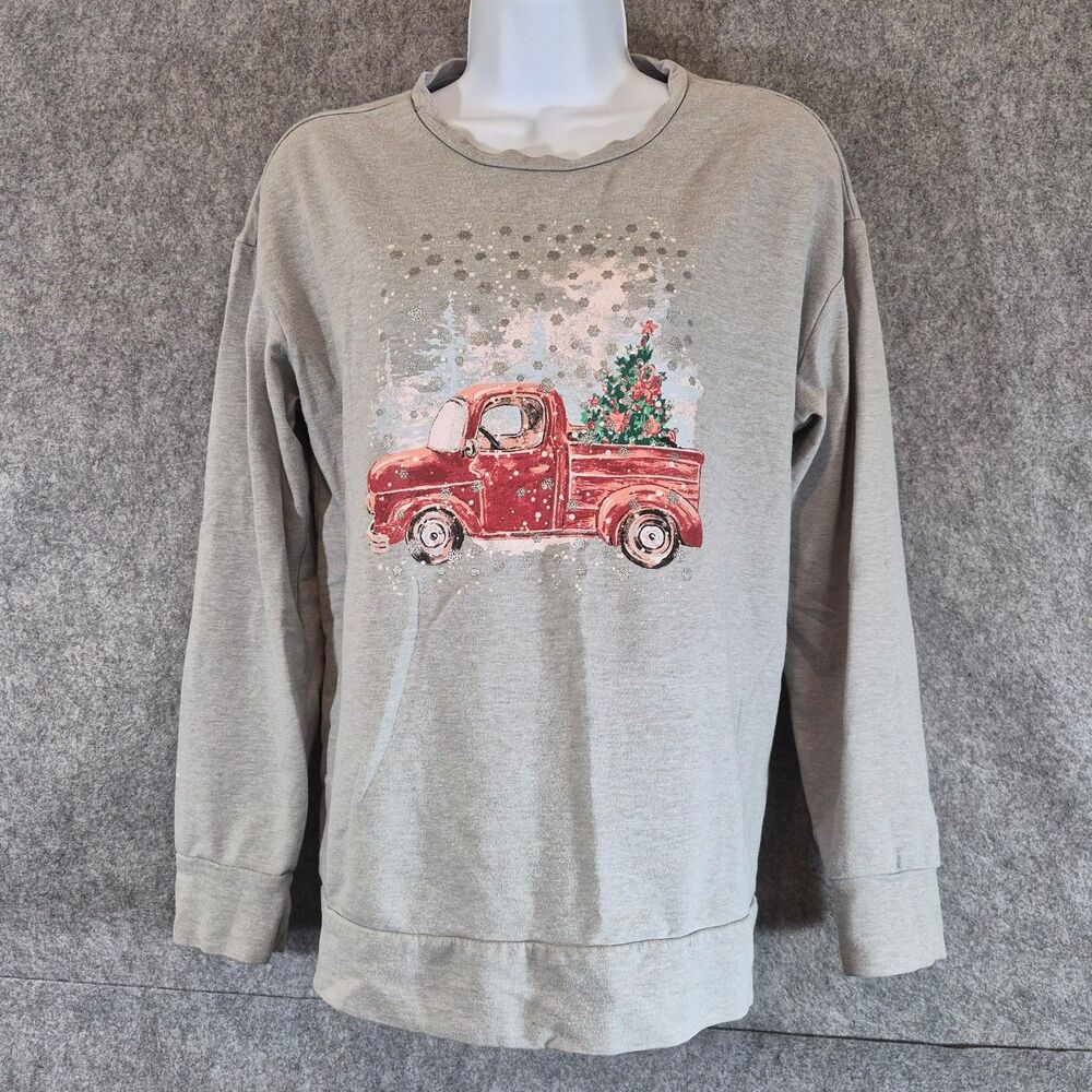 Ellen Tracy Christmas Truck shirt Womens Size Small Grey Holiday Graphic
